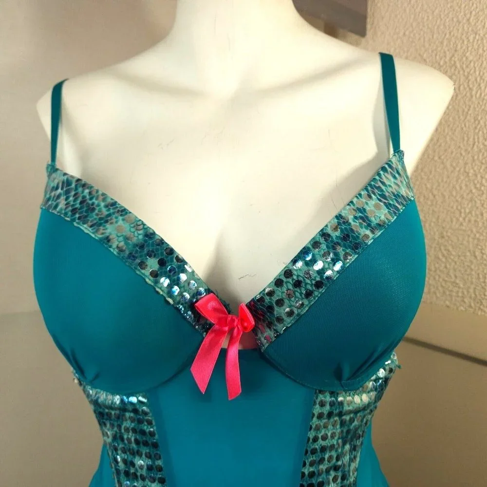 Vintage Bustier Corset Lingerie L Teal Blue Silver Sequin Underwired Pink Ribbon - Picture 2 of 8